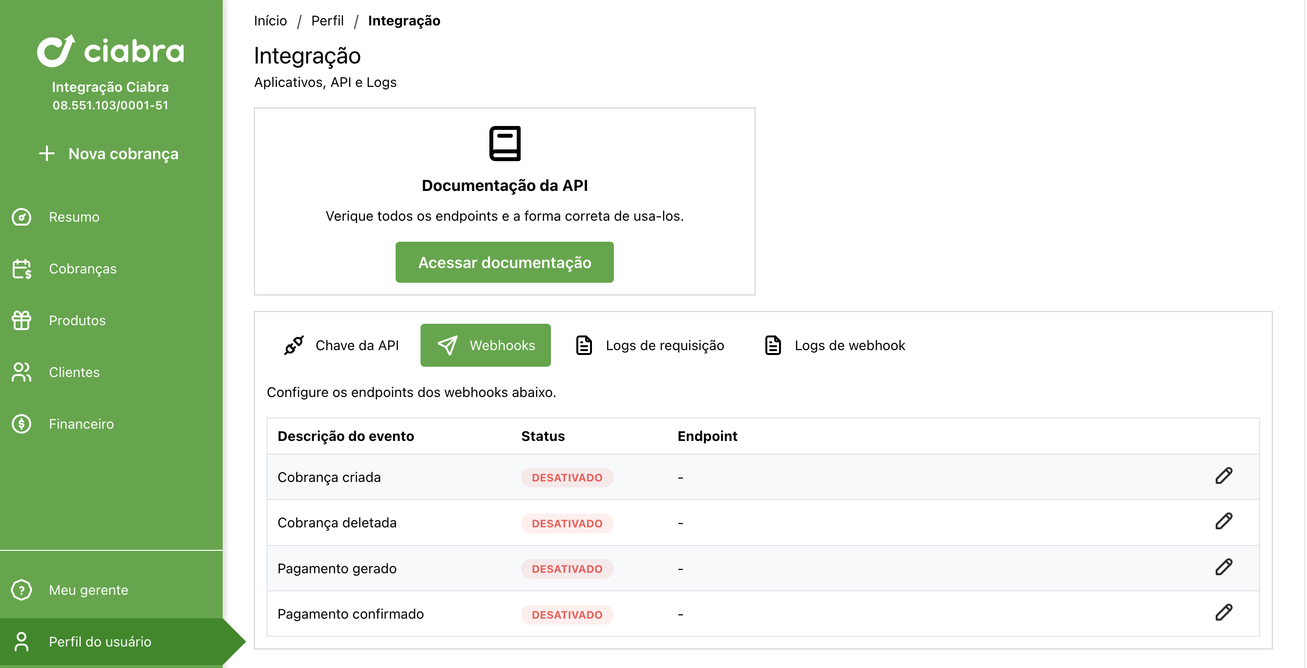 Seção Webhooks com a lista vazia