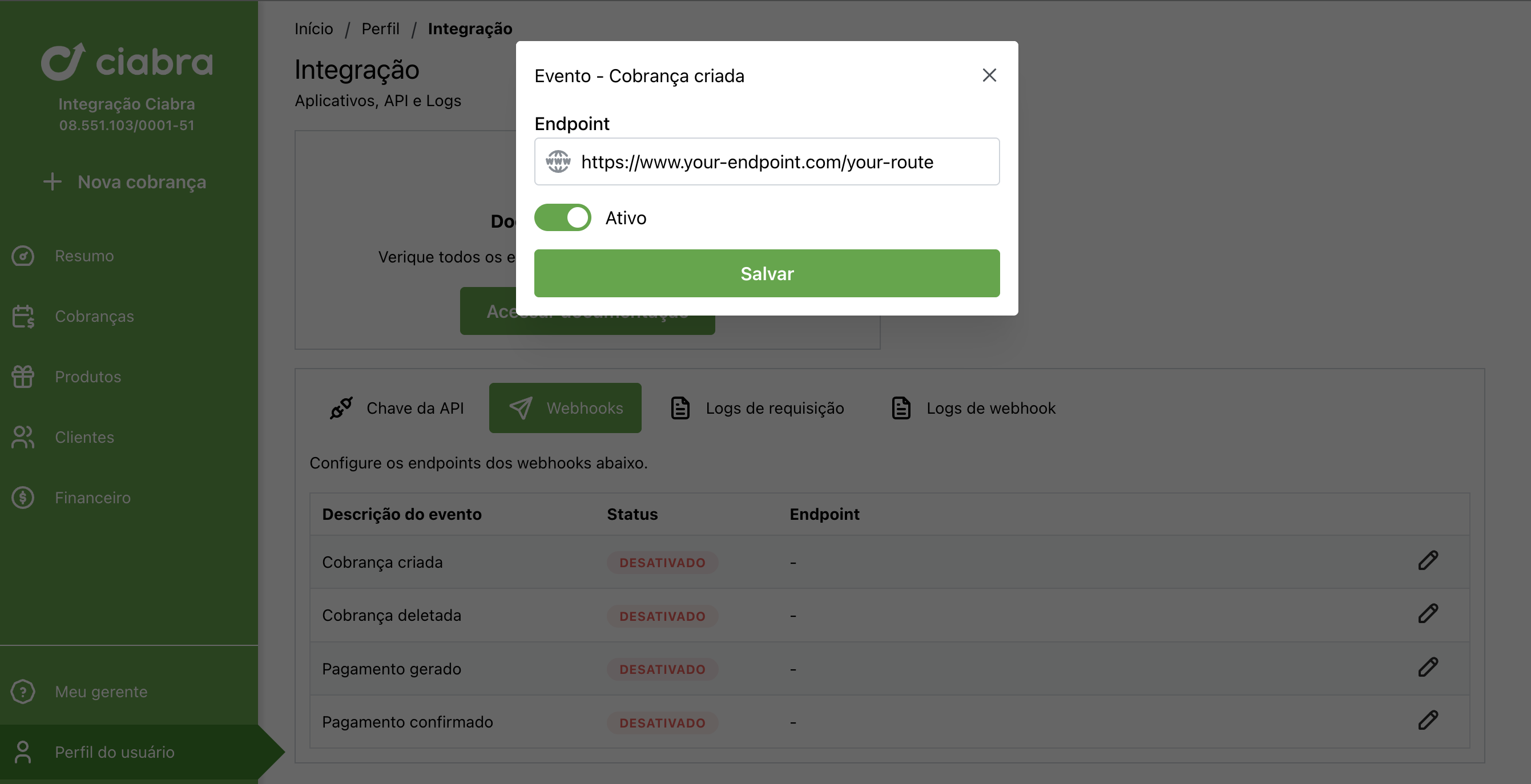 Modal de cadastro com campo para a URL do endpoint