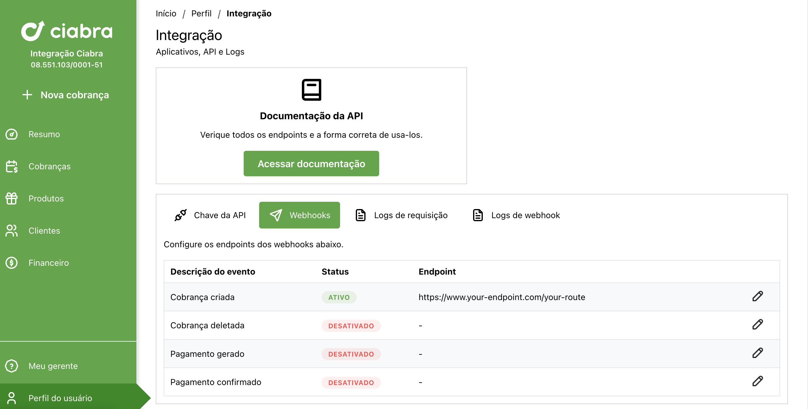 Lista exibindo o webhook recém-cadastrado